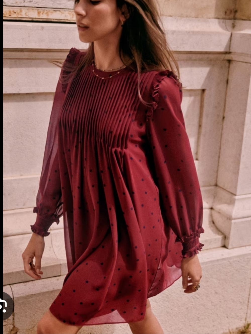 Sezane Eve Polka Dot Pleated Short Dress Sheer Long Sleeve With Ruffle Size 36